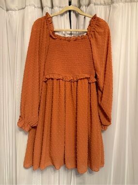entro Rust Orange Swiss Dot Smocked Babydoll Dress